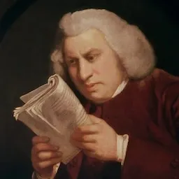 Famous portrait of Samuel Johnson squinting up close at a newspaper